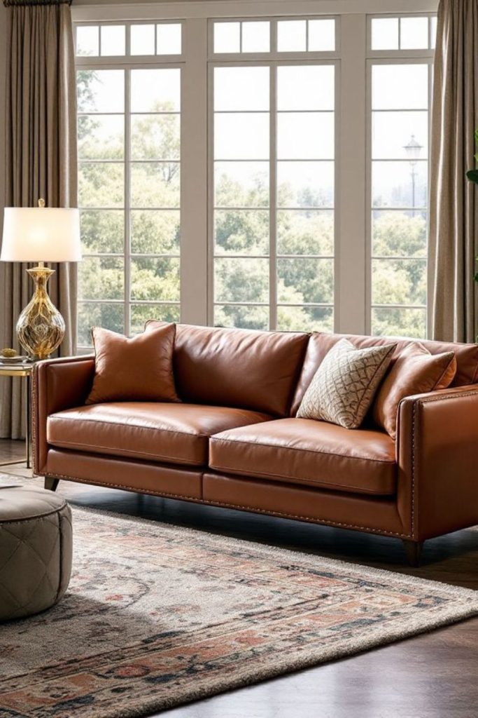 Sun-drenched brown leather couch terrace