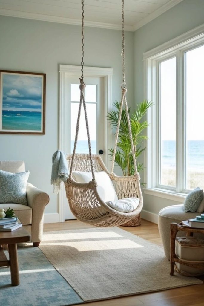 Hanging chair adds playful seating corner.