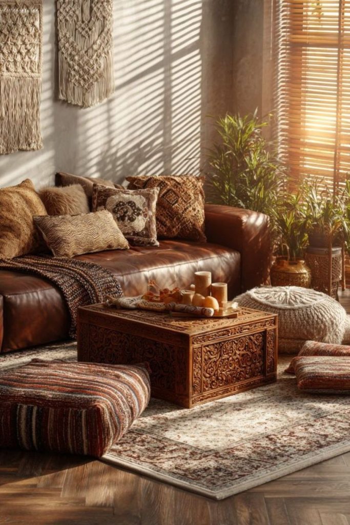 Bohemian tawny bright eclectic lounge space.