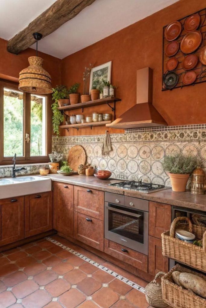 Terracotta clay rustic kitchen theme.