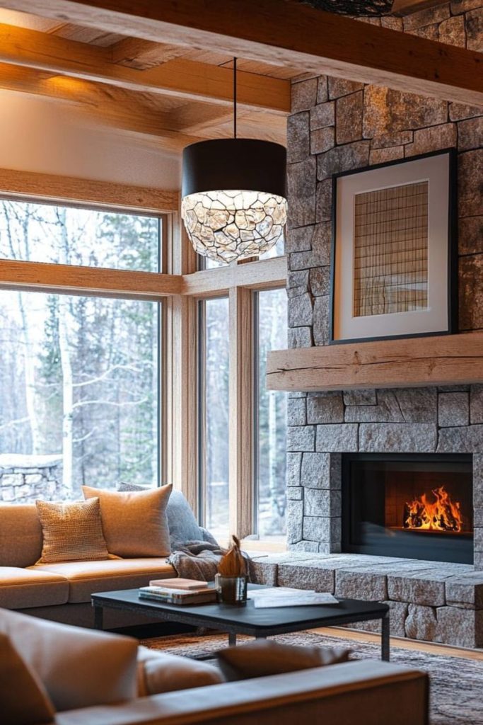 Timber cabin living room fireplace.