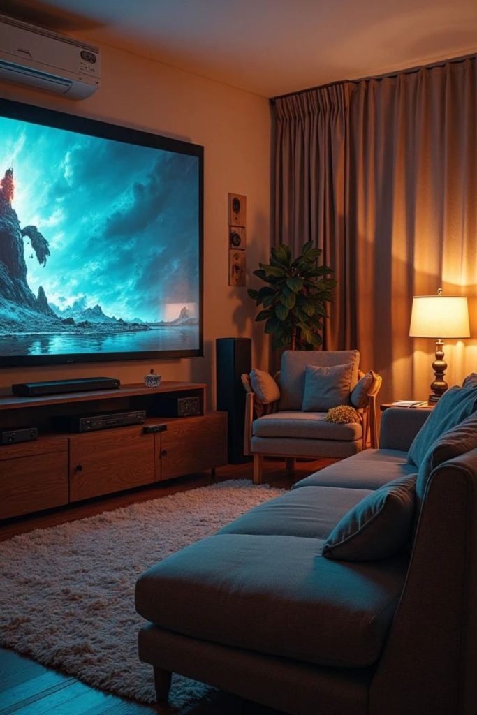 Compact living room with media setup.