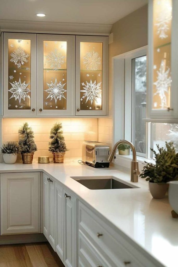 Under-cabinet twinkle lights glowing softly.