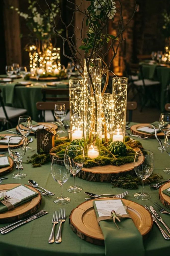 Miniature forest with flickering lantern lights