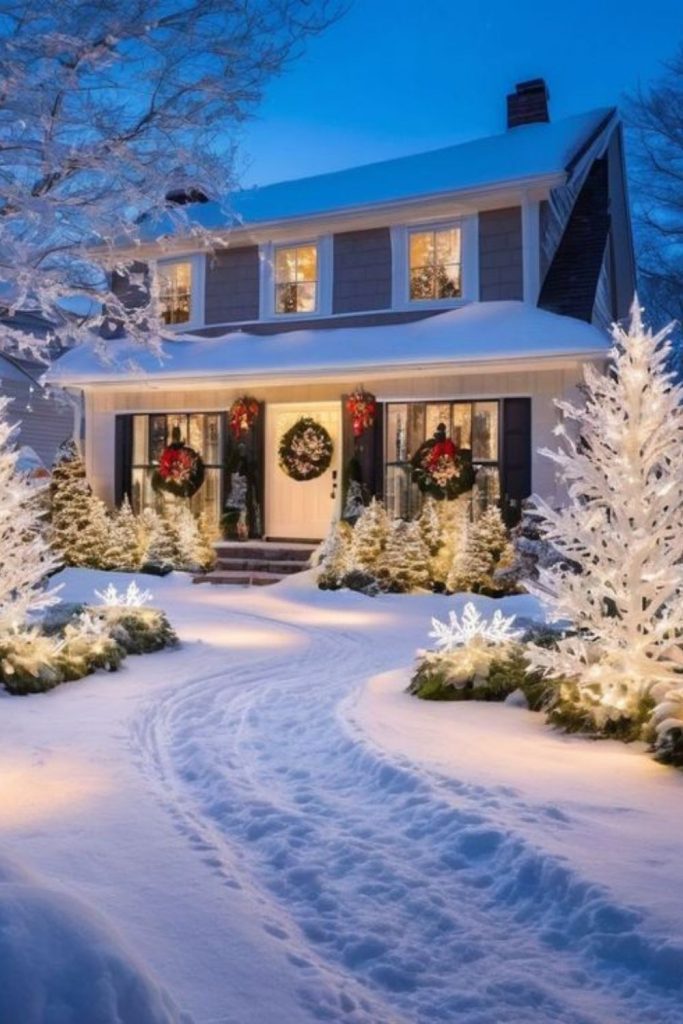Frosted pine trees with glowing lights
