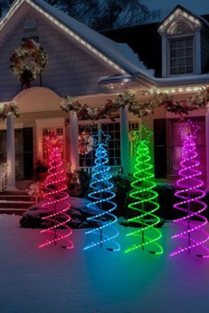 Spiral-shaped tower covered with twinkling lights