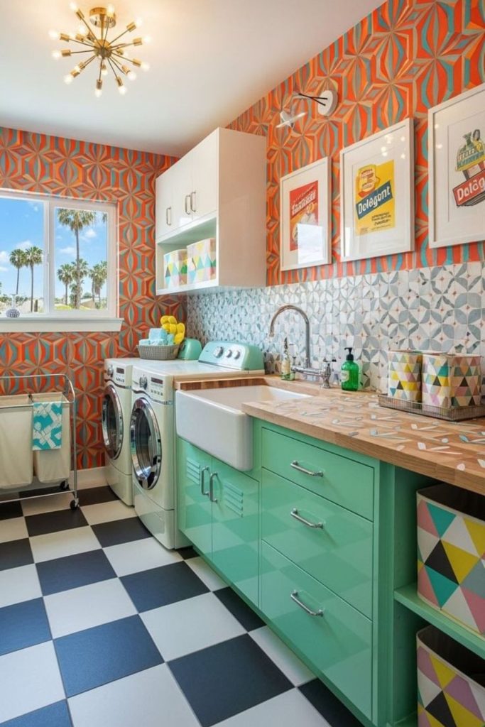 Colorful graffiti-style urban basement laundry.