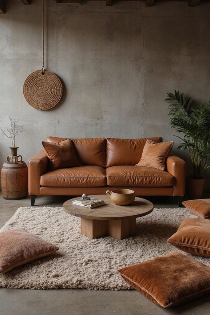 Industrial loft living with brown leather