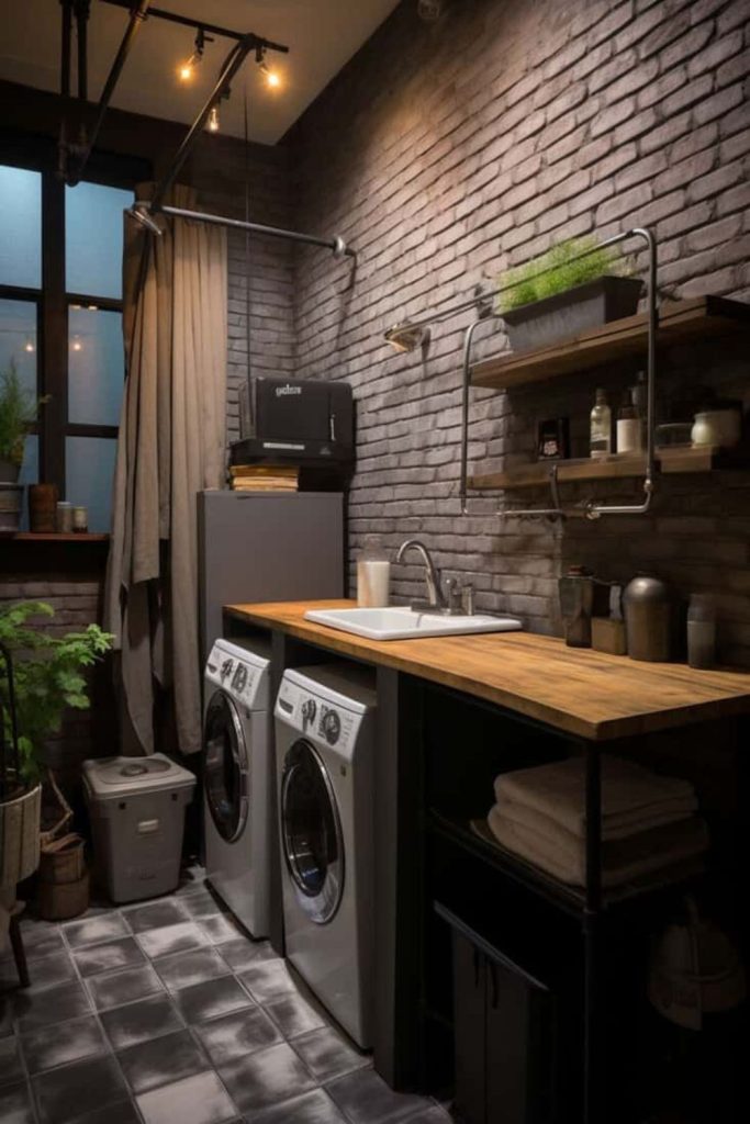 Industrial basement laundry with exposed brick.