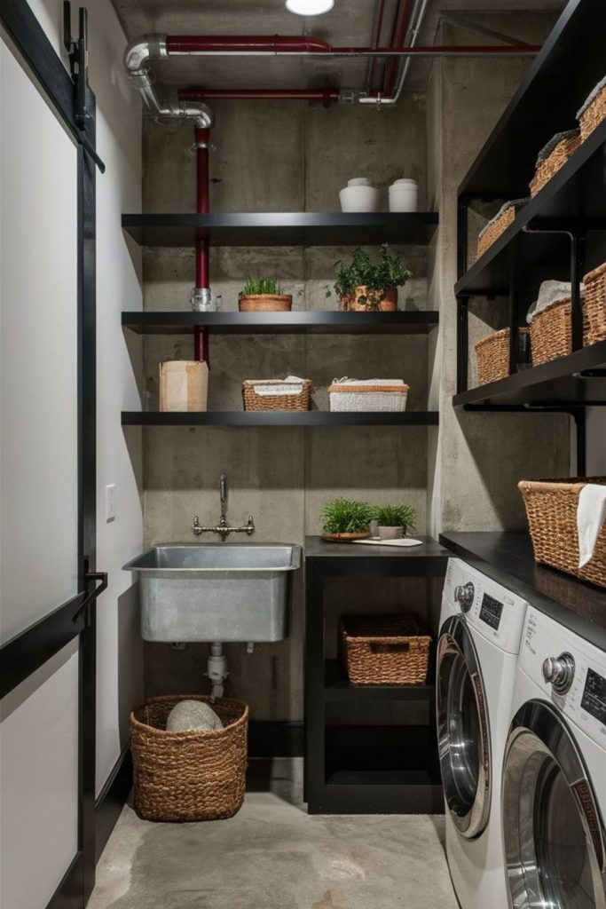 Concrete minimalist urban basement laundry.