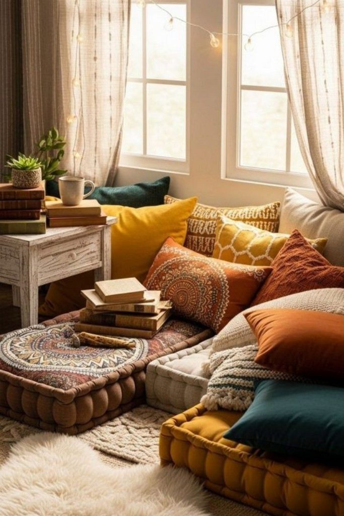 Velvet cushions in sunlit nook.