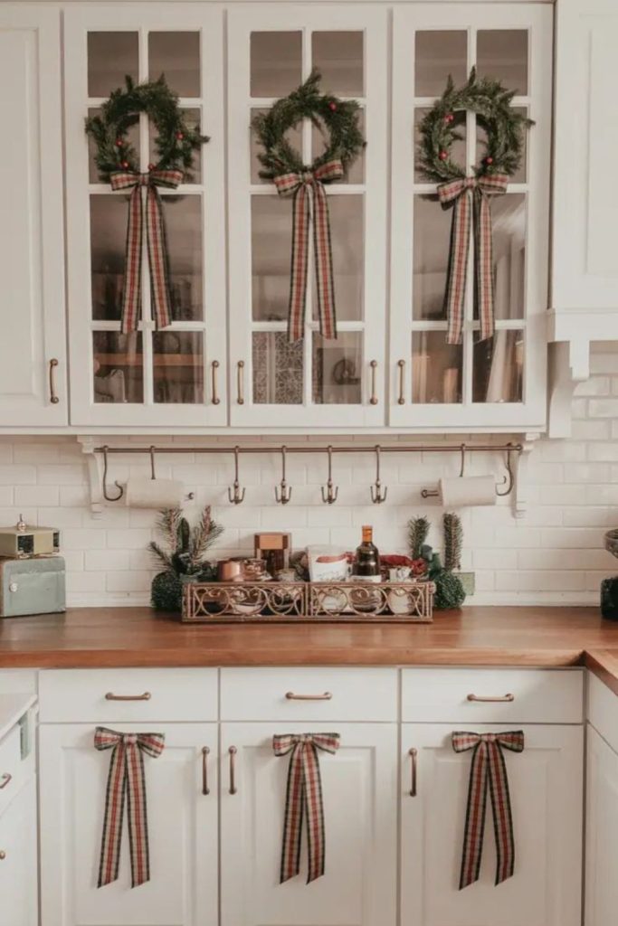 Velvet bow decorating pantry door.
