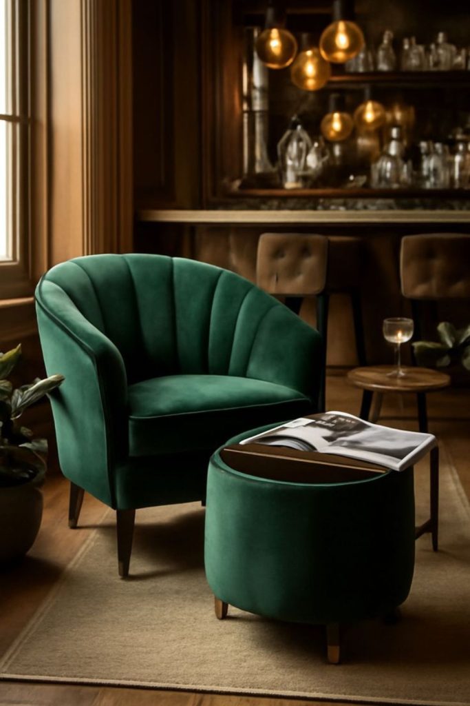 Rounded velvet chair with footstool