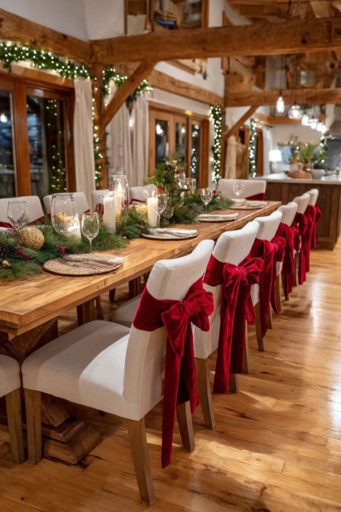 Velvet dining chair bows festive seating.