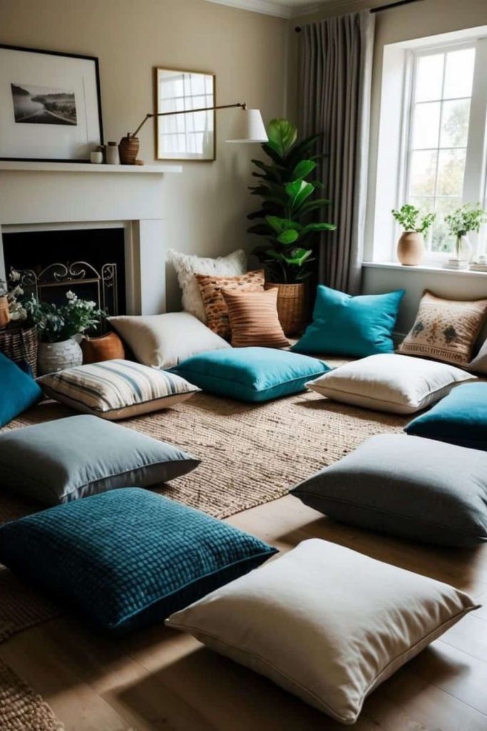 Oversized velvet floor cushions with small tables