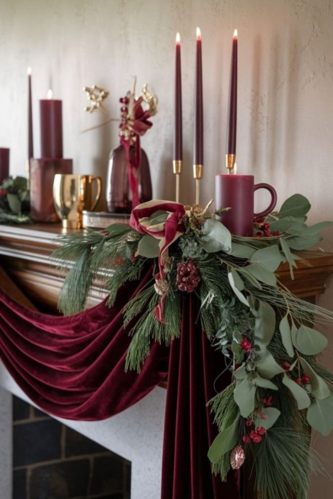 Velvet ribbon holiday mantel décor elegance.