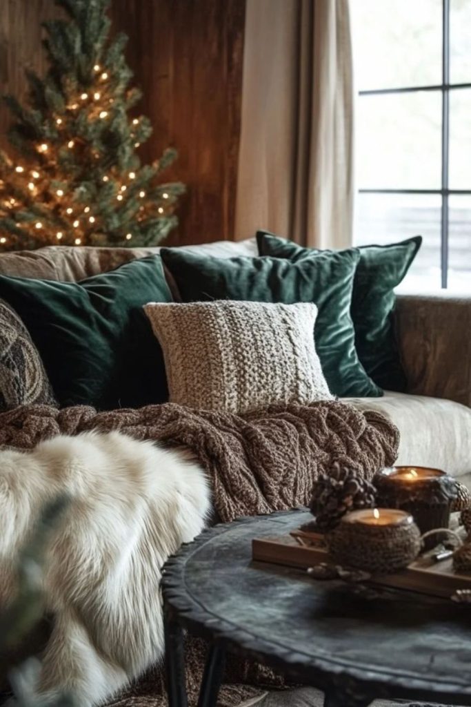 Plush velvet cushions snowy winter style.