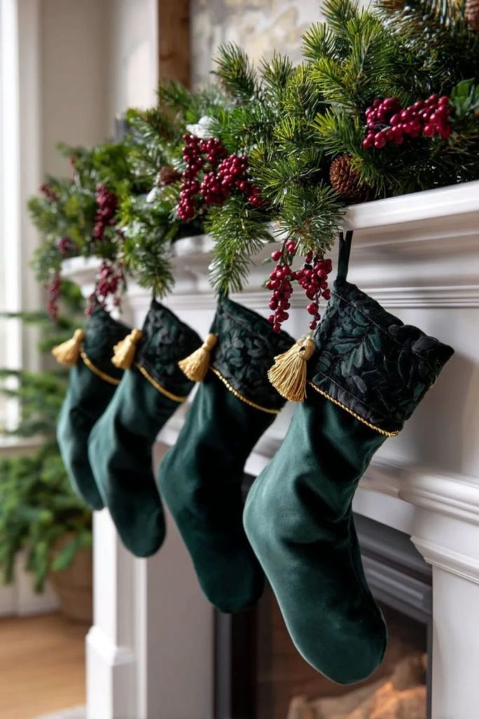 Velvet stockings with gold tassel accents.