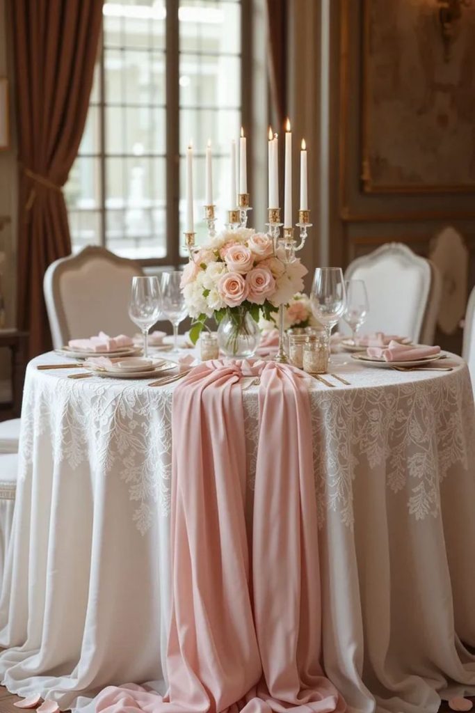 Velvet and lace tablecloth layered elegance.