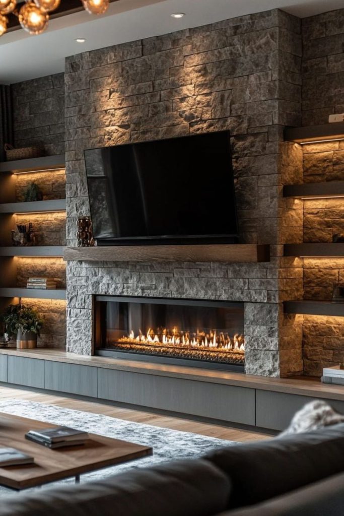 Vertical stone fireplace wall with TV