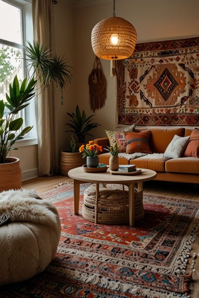 Vibrant bohemian brown leather area