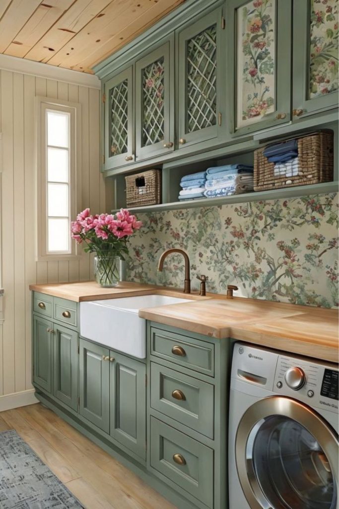 Retro cottage laundry with floral wallpaper.