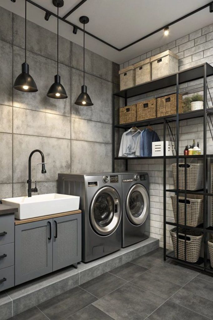 Industrial vintage basement laundry corner.