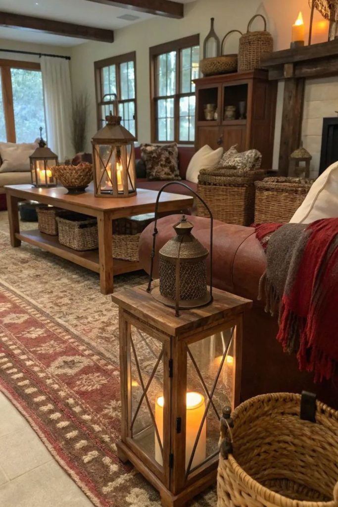 Antique lanterns warm inviting lounge