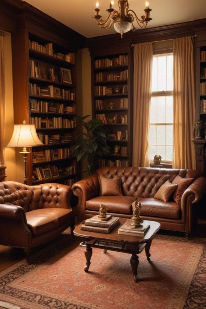 Vintage library brown leather seating