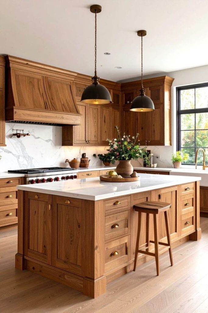 Walnut rich wood farmhouse interior.