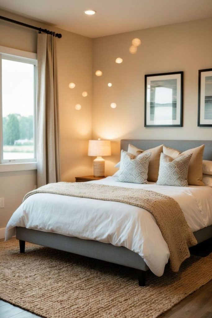 Warm glowing minimal bedroom interior.