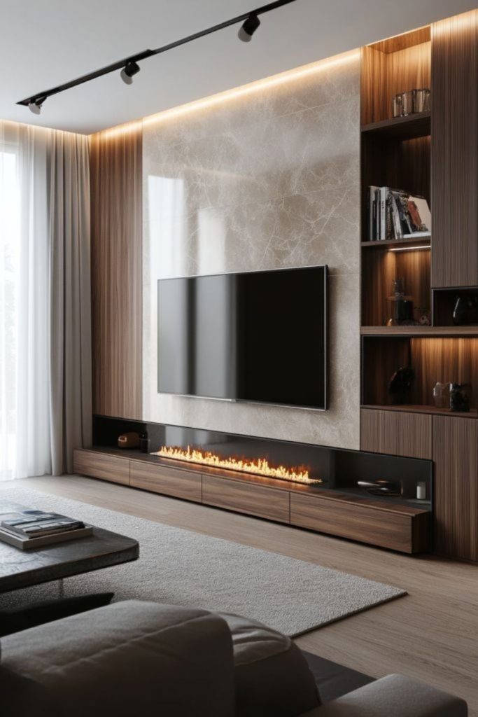 Warm walnut fireplace wall with TV