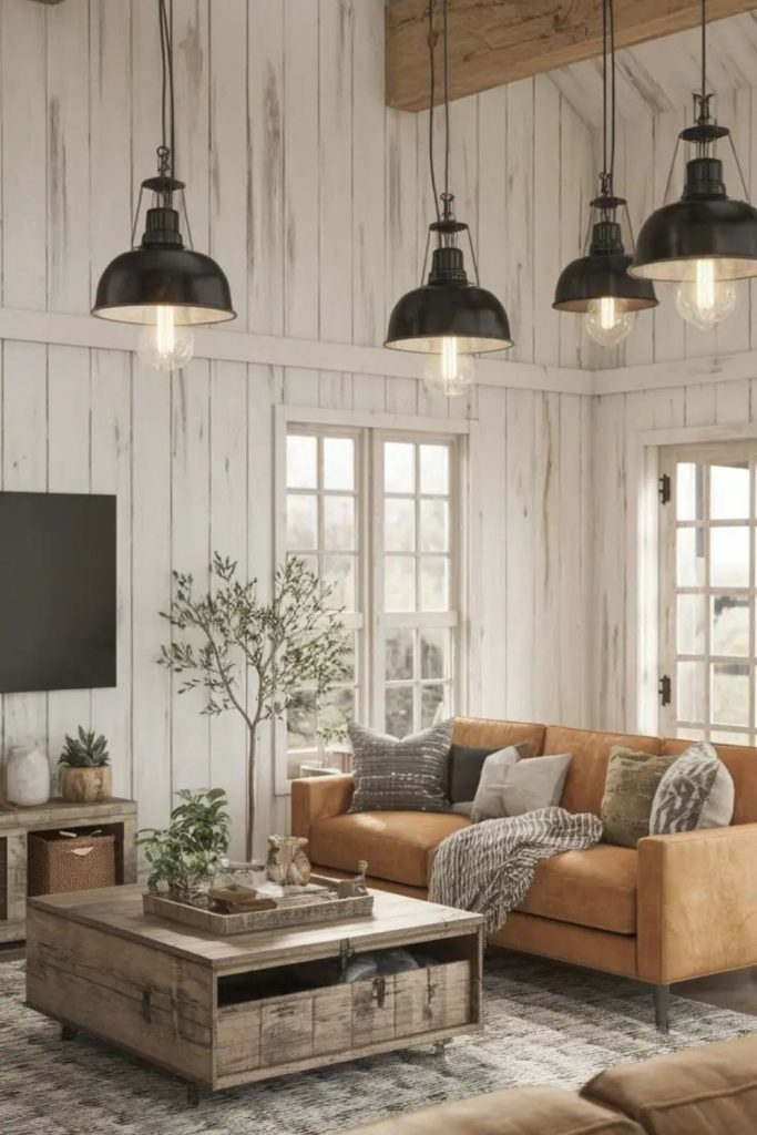 Barn loft living with weathered textures.