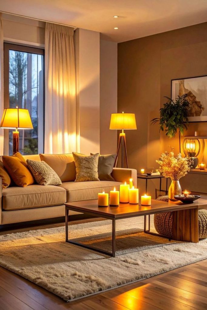 Amber-hued compact cozy living nook