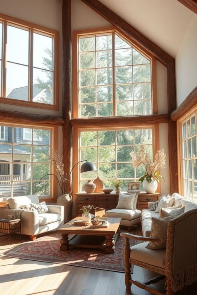 Sunlight-filled living with lavender accents