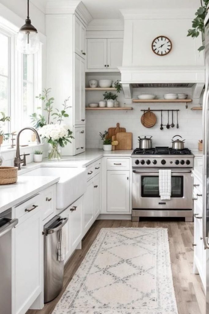 White shiplap farmhouse kitchen style.