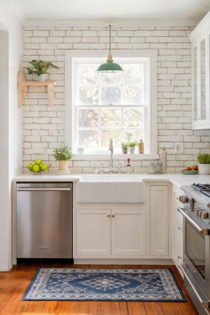 Whitewashed brick backsplash cozy loft vibe