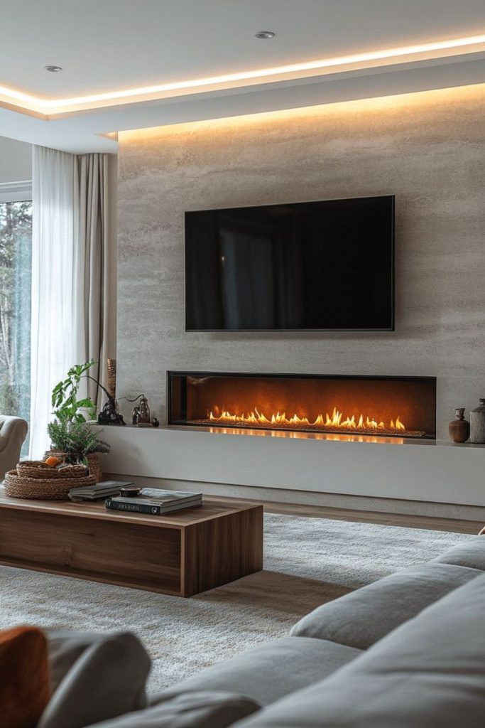 Whitewashed fireplace wall with subtle TV