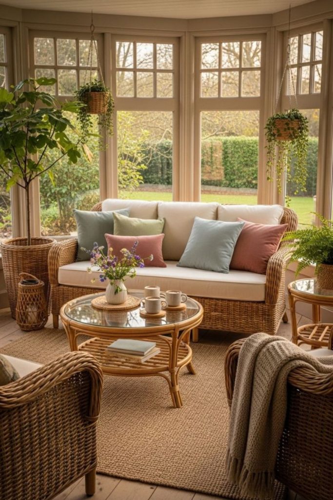 Wicker chairs with tea setup.