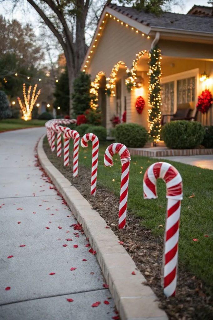 Candy decorations along winding garden path
