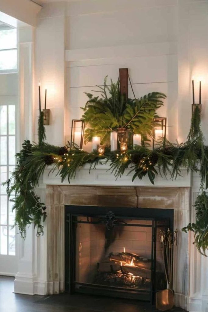 Layered candles pine mantel decoration.