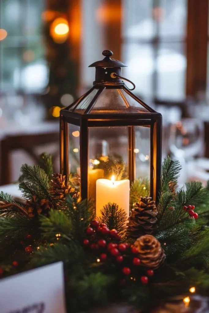 Rustic winter centerpiece with lanterns and pine