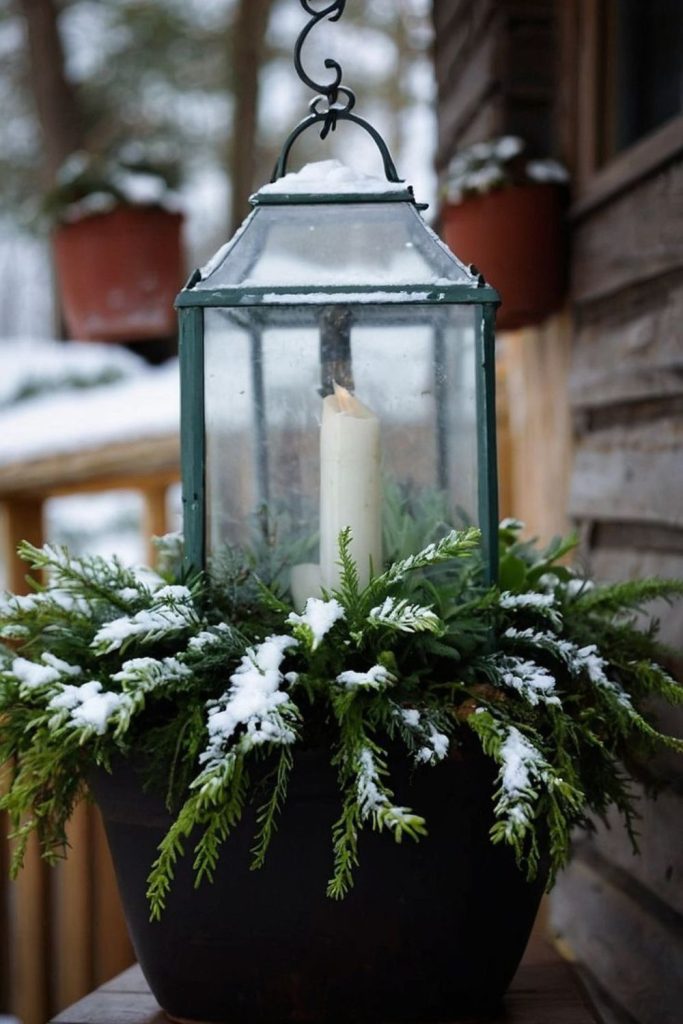 Winter lantern nestled in cedar greens