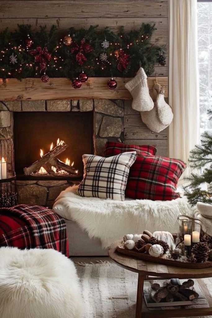 Cozy plaid lodge with crackling fireplace.