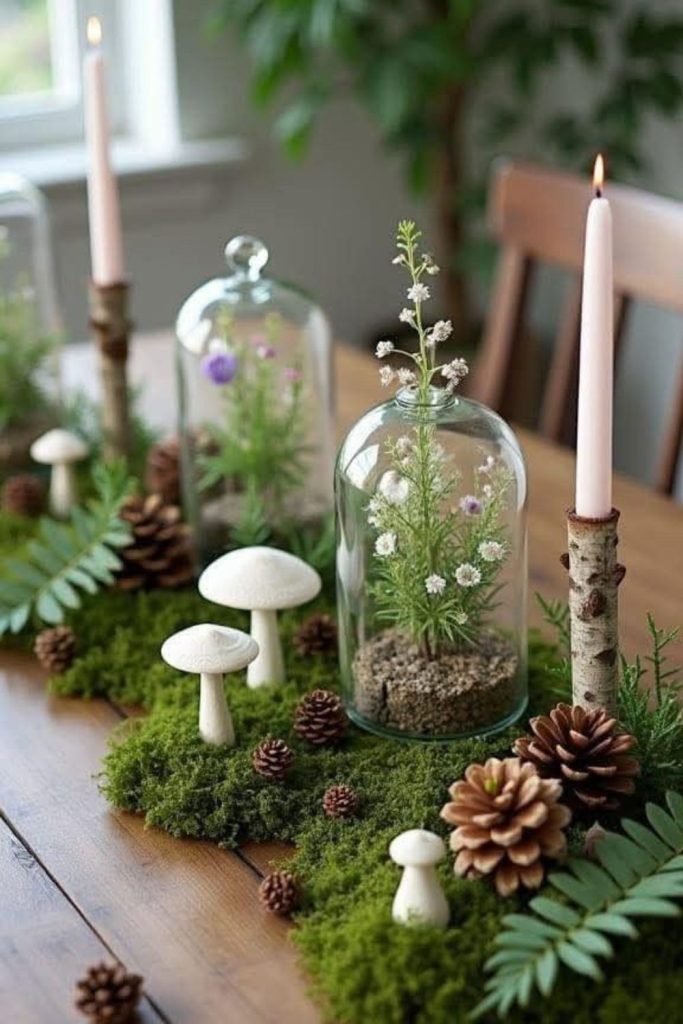 Mossy tabletop garden with pine and berries