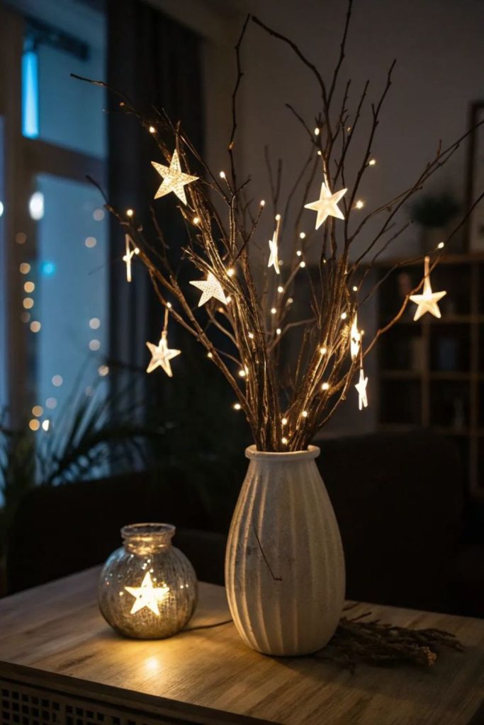 Mini stars hovering above winter centerpiece