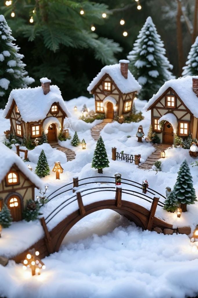 Miniature village with lights and snow