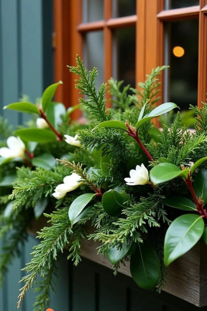 Winter window box with natural greenery