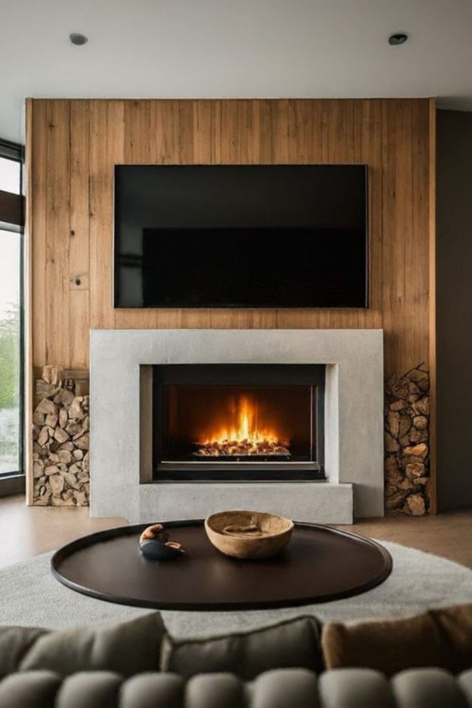 Wooden grid fireplace wall with TV