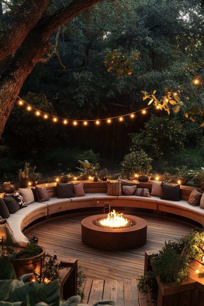 Forested fire pit lounge area